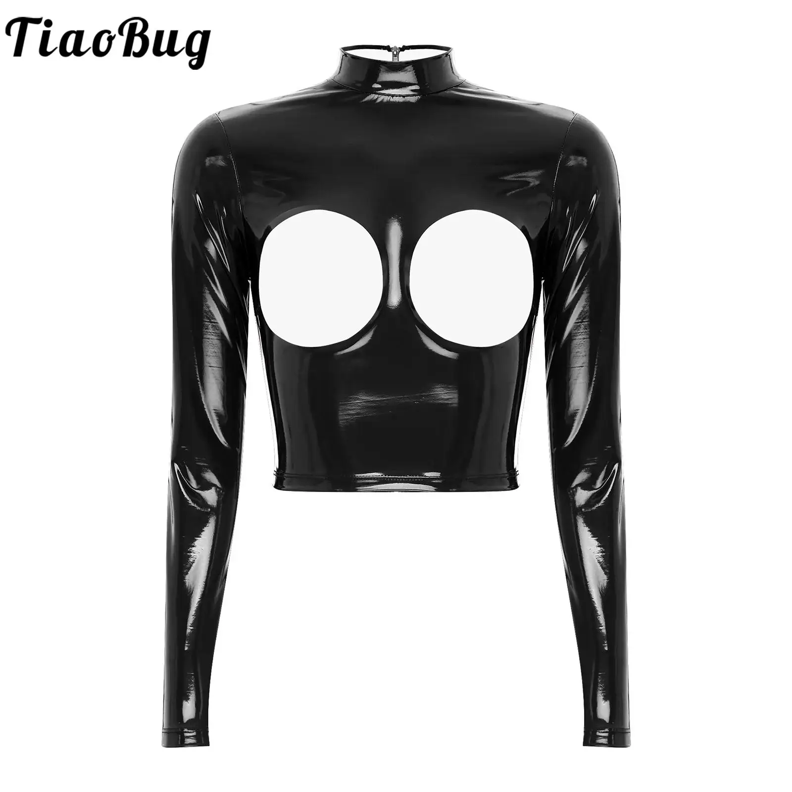 

Women's Wet Look Crop Top Patent Leather Chest Open Tank Top Sexy Cupless Long Sleeve T-Shirts for Rave Carnival Party Clubwear