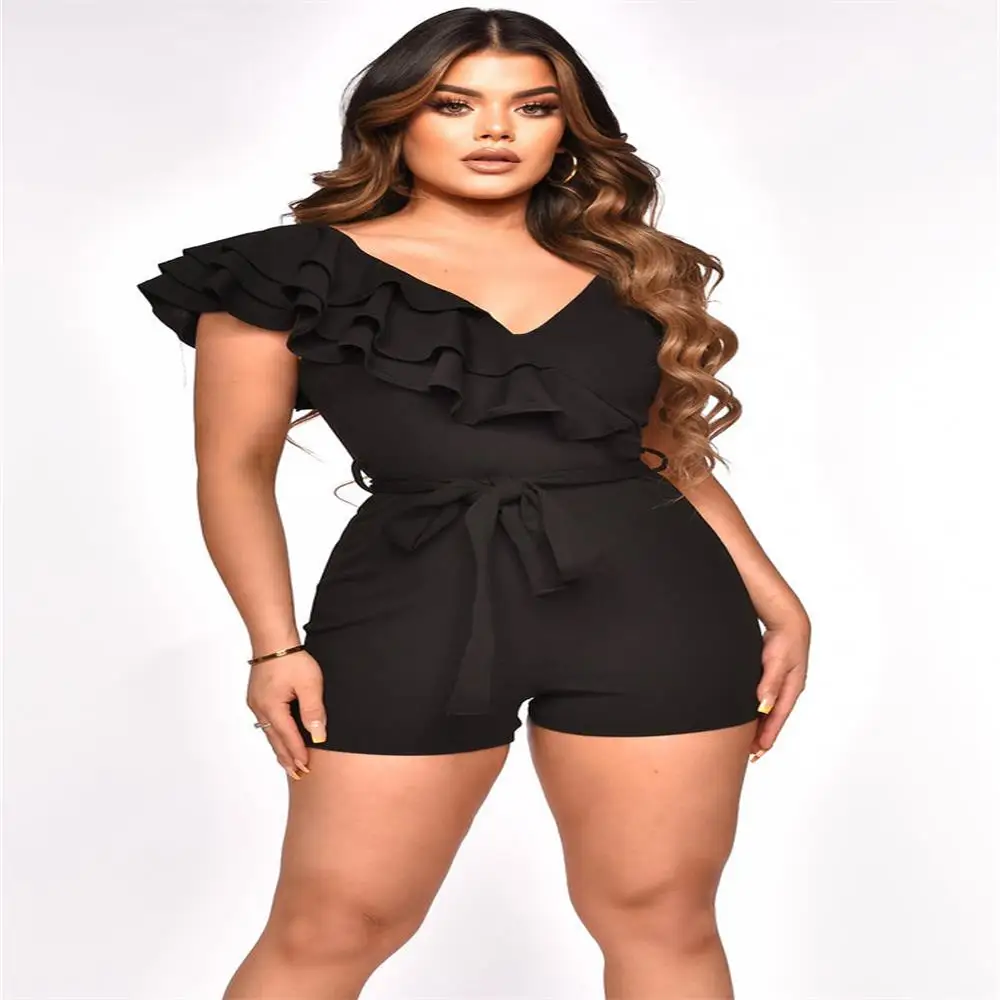 

Women Ruffles Spicing One Shoulder Short Sleeve Deep V Neck Bodycon Stretch Romper and Playsuit 2022 Summer Sexy Overall