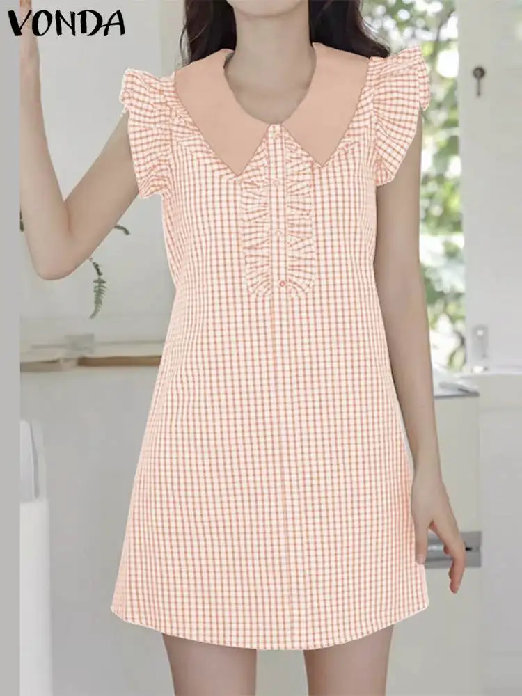 VONDA женское платье с оборками 2023, винтажное лоскутное платье с кукольным воротником, сексуальное клетчатое платье без рукавов, пляжные платья, свободное мини-платье 
VONDA женское платье с оборками 2023, винтажное лоскутное платье с кукольным воротником, сексуальное клетчатое платье без рукавов, пляжные платья, свободное мини-платье