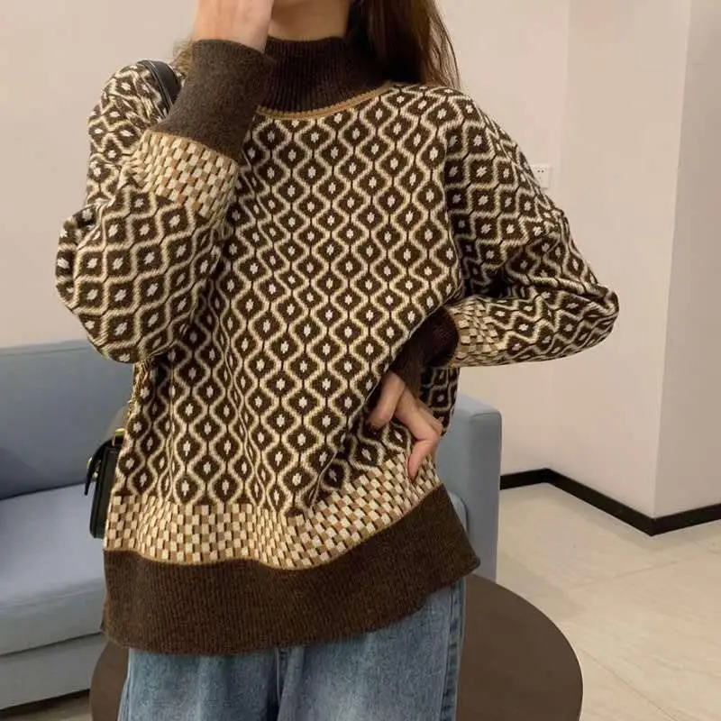 Vintage Plaid Turtleneck Sweaters Pullovers for Women Korean Style Loose Top 2023 Autumn Winter Sweater Knitted Jumpers
Vintage Plaid Turtleneck Sweaters Pullovers for Women Korean Style Loose Top 2023 Autumn Winter Sweater Knitted Jumpers