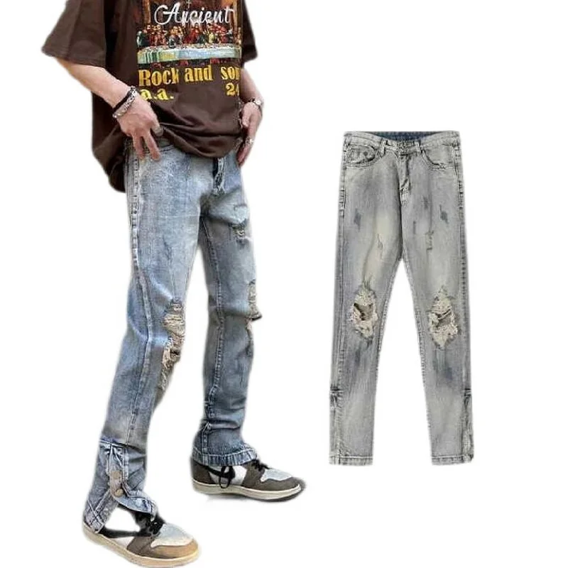 High Street Washed Jeans Hip Hop Worn Out Ripped Hole Breasted Slit Jeans Straight Denim Pants
High Street Washed Jeans Hip Hop Worn Out Ripped Hole Breasted Slit Jeans Straight Denim Pants