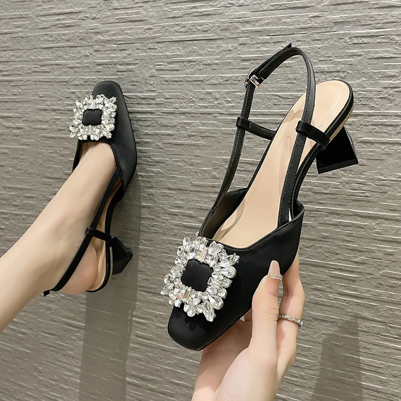 

Fashion Womens Shoes 2024 Beige Heeled Sandals Square Toe Buckle Luxury Comfort New Black Low Open Rhinestone Sexy Girls High
