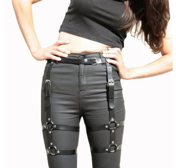 

Punk Black Leather Sword Belt Waist Garter Handmade Body Bondage Sexy Leg Suspenders Harness Stockings Belts For Women