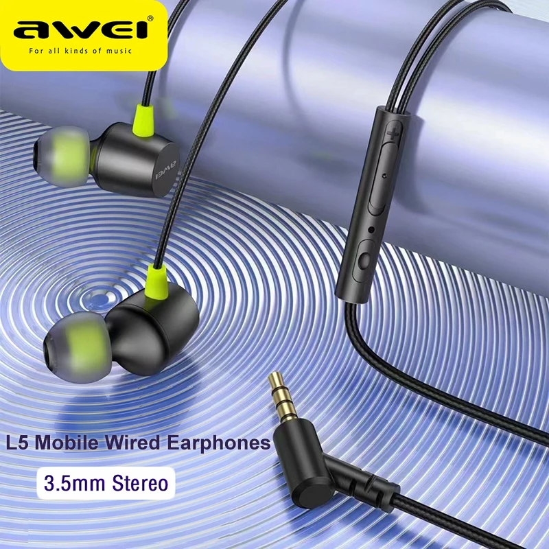 

Awei L5 Sports In-ear Earphones With Mic Wired Headset Mini Stereo 3.5mm Earbuds Braided Cable Headphone for Phone Wholesale
