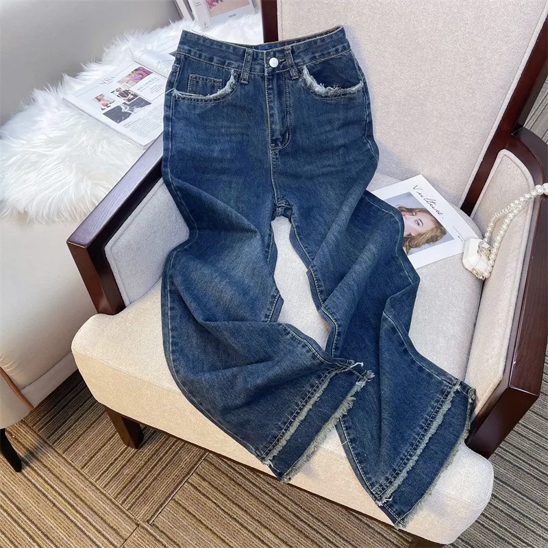 

New Arrival 2024 Korea Fashion Women High Waist Cotton Denim Wide Leg Pants All-matched Casual Vintage Blue Loose Jeans P562