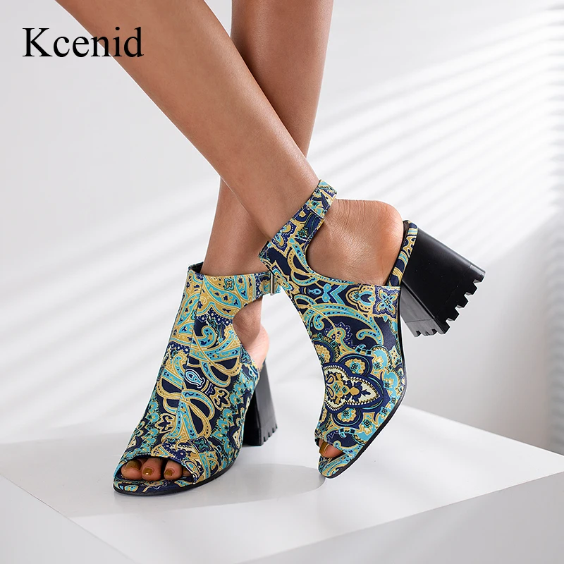 

Kcenid Female Sandals Peep Toe Chunky Heel Mixed Color Ankle Buckle Strap Casual Summer Sandals Women High Heels Shoes Plus Size