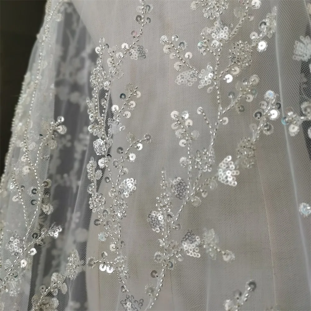 

Shiny Heavy Handmade Tube Beading Sequin Wedding Dress Mesh Fabric 1yard Formal Dress Sewing Material