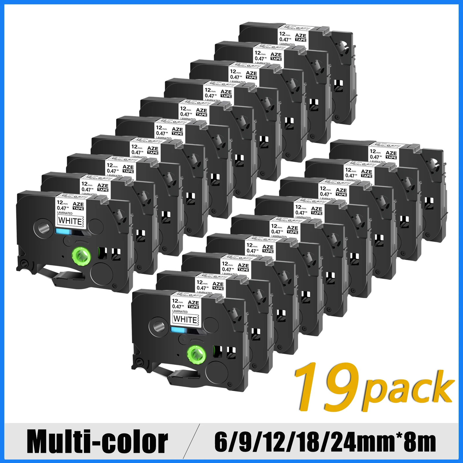 

19PK Black on White TZE-231 6/9/12/18/24mm Label Tapes Compatible for TZE-231 631 TZ 131 Tapes for Brother P-Touch Label Makers