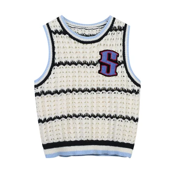 Camisa Feminina de Verão de Malha de Manga Curta com Decote em V e Recorte Justinha - Tendência da Moda 9 Luxury Brand Hollow Knit Pullover Vest Women S Letter Embroidery Sleeveless Sweater Knit Tops 2024 Spring Summer Casual Clothing