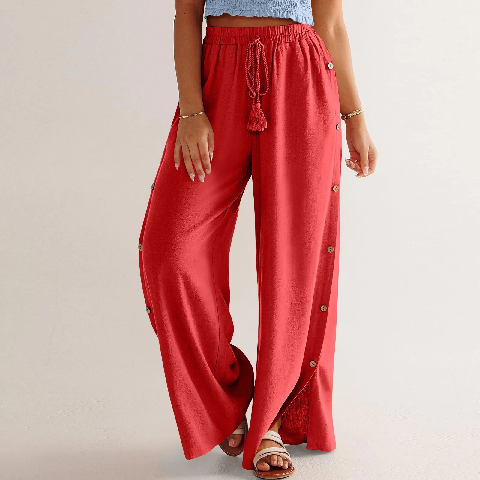 

Solid Color Trousers Womens Elastic Waistband Button Trim Wide Leg High Waist Ladies Daily Casual Jogger Sweatpants Sports 2024