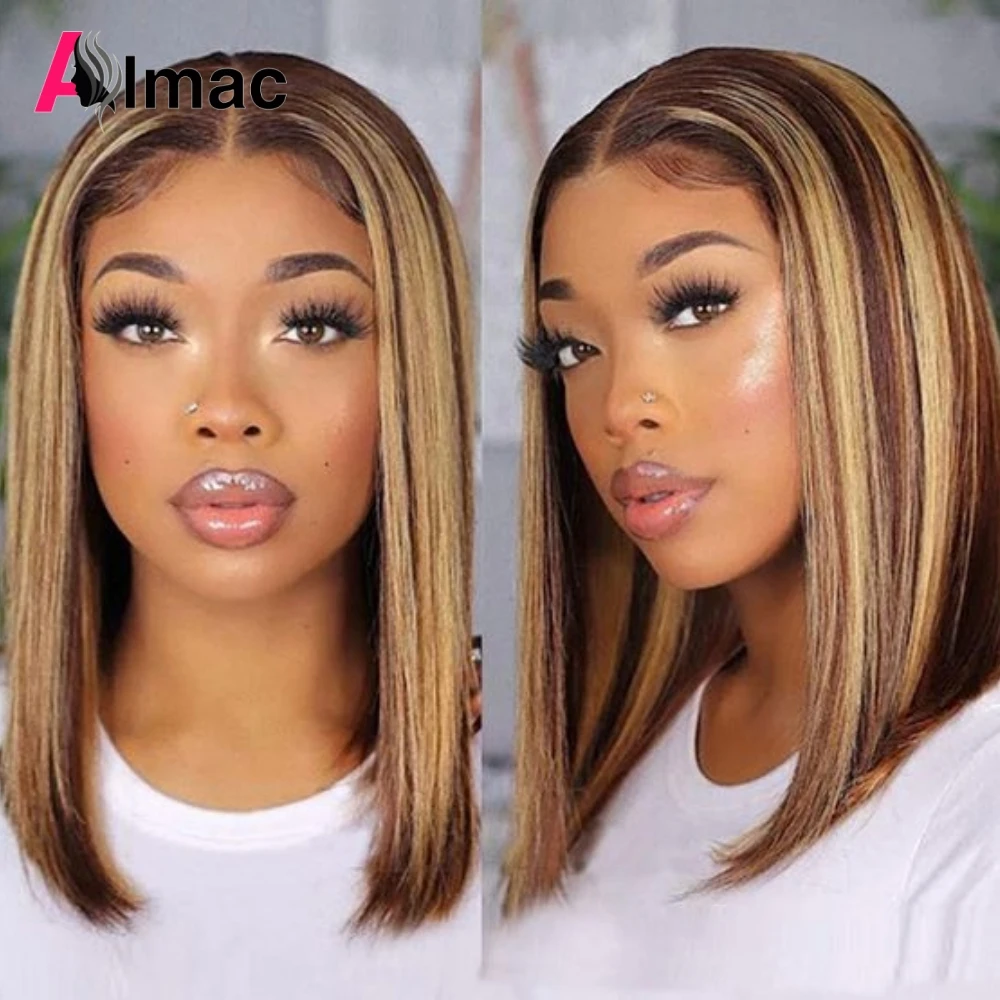 

Colored Bob Straight Human Hair Wigs 180% Density 4*4 Lace Front Glueless Highlight Piano Color Ombre Wig 12Inch