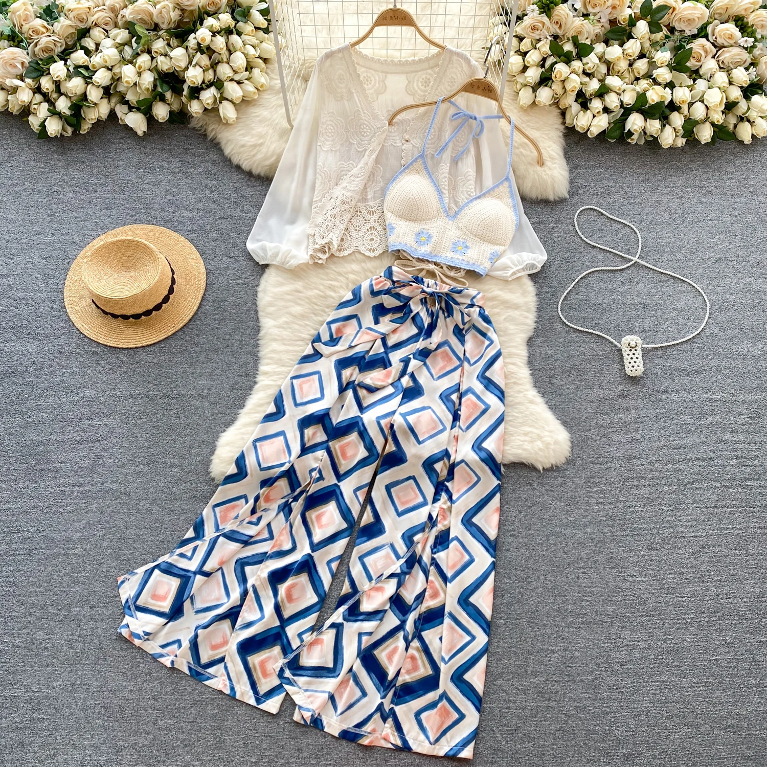 

Женский комплект из 3 предметов в стиле бохо, праздничная пляжная одежда, кардиганы, бюстгальтер, брюки с широкими штанинами