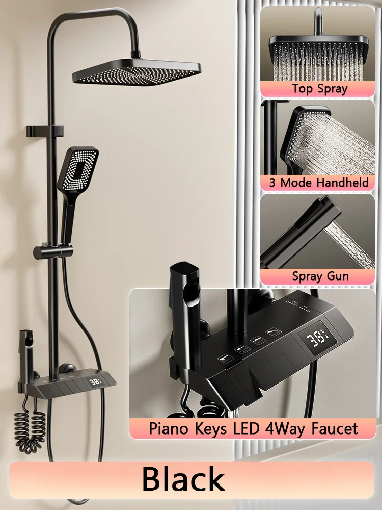 

Black Shower System Set Bathroom Brass Showers Faucet Sets Digital 4 Way LED Rain Bathtub Hot Cold Piano Key Rainfall Shower Set