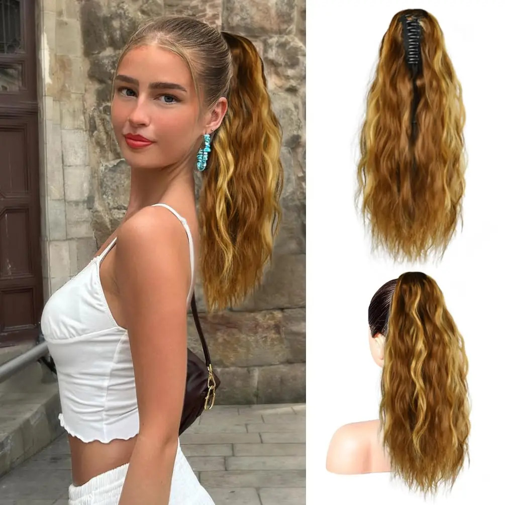 

24Inch Claw Clip Ponytail Hair Extension for Women Curly Wavy Multi Layered Soft Synthetic Brown Hair Pony Tails Hairpiece for D