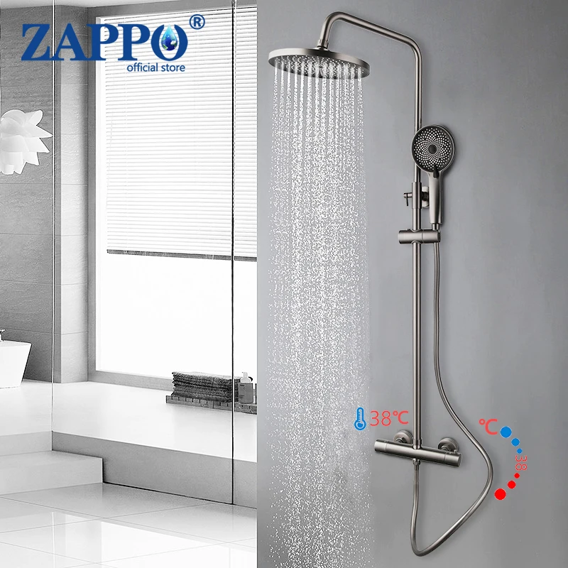 

ZAPPO Bathroom Gun Gray Thermostatic Shower Set Faucet w/ Hand Sprayer Rainfall Shower Hot Cold Bathtub Mixer Faucet Tap Set