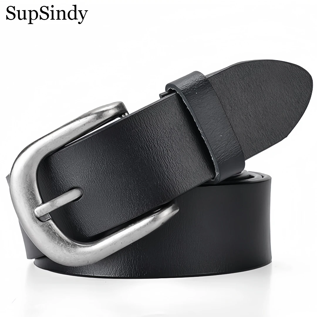 

SupSindy Genuine Leather Belts for Women Pin Buckle Women Jeans Belt Luxury Brand Designer Cowskin Waistband Black Female Strap