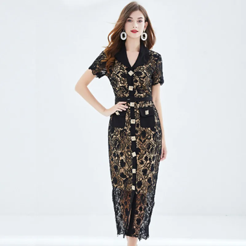 High-End Custom Luxury Runway Designer Summer Dress Women Slim Metal Buckle Suit Lapel Water Soluble Lace Dress Vestidos
High-End Custom Luxury Runway Designer Summer Dress Women Slim Metal Buckle Suit Lapel Water Soluble Lace Dress Vestidos