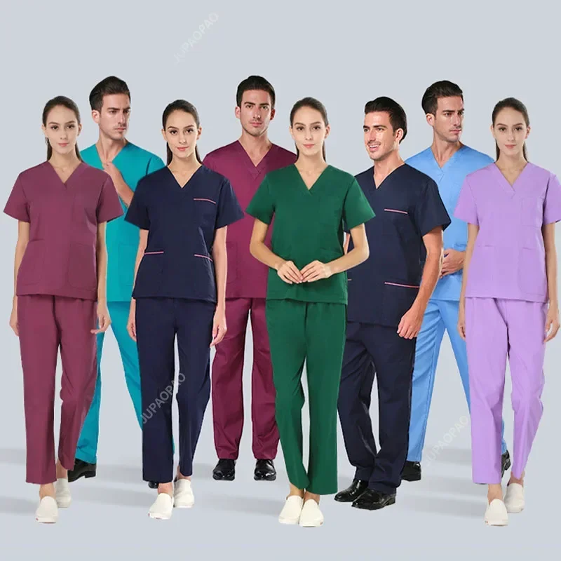 

Solid Color Medical Nurse Workwear Scrub Uniform O.R. V Neck Top and Pant Summer Winter Beautician Pet Vet Healthcare Outfit