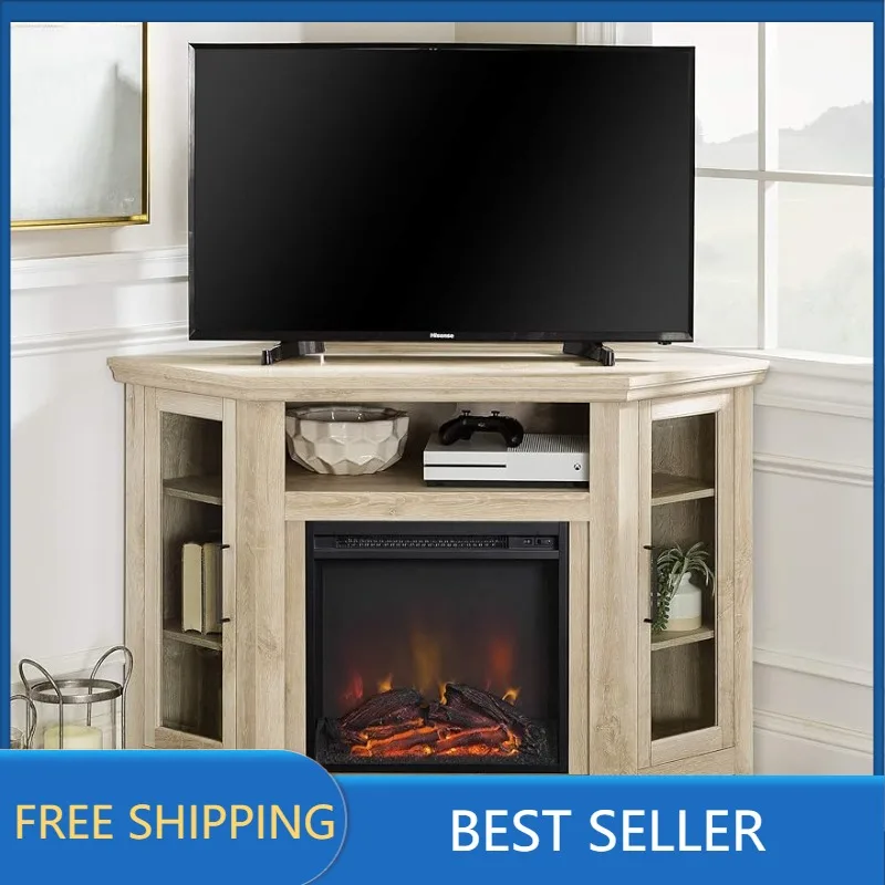 

Alcott Classic Glass Door Fireplace Corner TV Stand for TVs up to 55 Inches, 48 Inch, White Oak