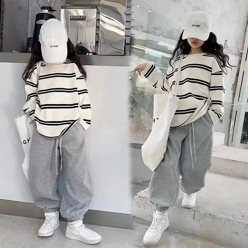 

2023 Korea Style Simple Kids Clothes Girl 2Pcs Set Clothing Long Sleeve Striped+Loose Pant Outfits for Teen Girl 6 8 10 12 14Y