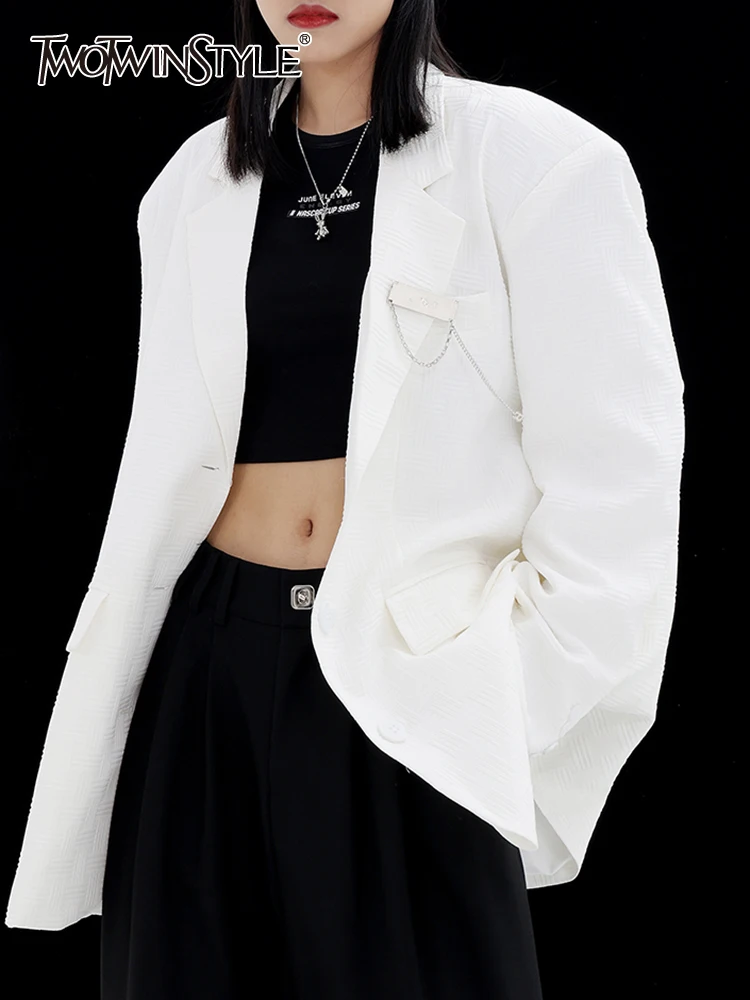 TWOTWINSTYLE Solid Temperament Blazers For Women Notched Collar Long Sleeve Patchwork Chain Casual Blazer Female Fashion Clothes
TWOTWINSTYLE Solid Temperament Blazers For Women Notched Collar Long Sleeve Patchwork Chain Casual Blazer Female Fashion Clothes