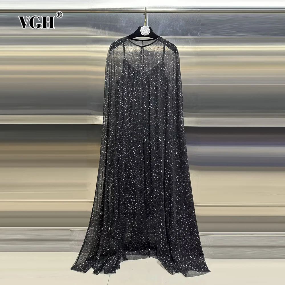 

VGH Elegant Patchwork Sequins Solid Dresses For Women Round Neck Cloak Sleeve High Waist Spliced Button Long Dress Female New