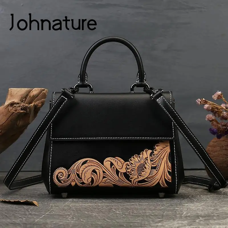 

Johnature Advanced Handmade Genuine Leather Carving Women Bag Luxury Handbag Vintage Versatile Cowhide Shoulder Bags