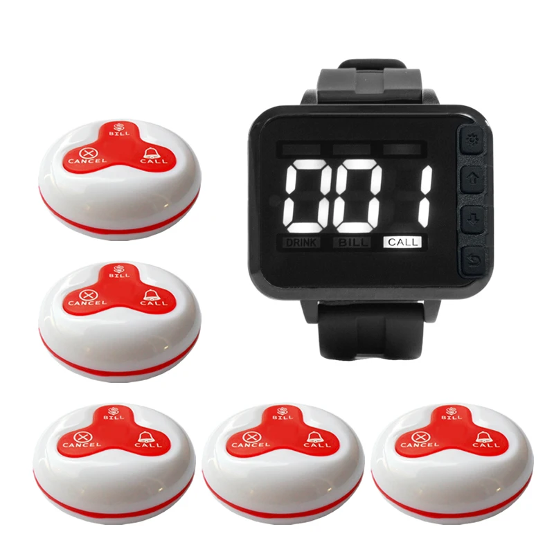 Wireless Pager Restaurant Service Calling System with 5pcs Waterproof Call Transmitter Button +1pcs Watch Clock Receiver
Wireless Pager Restaurant Service Calling System with 5pcs Waterproof Call Transmitter Button +1pcs Watch Clock Receiver