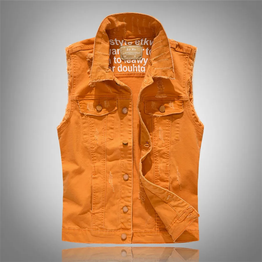 

Приталенная мужская куртка без рукавов, оранжевый рваный джинсовый жилет, мужской жилет в стиле хип-хоп с карманами, ковбойская джинсовая куртка оверсайз 5XL
