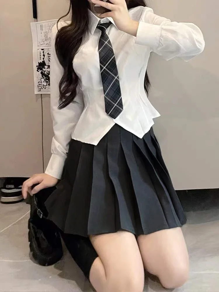 

Jk Uniform Set Autumn and Winter Preppy Shirts Women Short Waist Hugging Pure Sexy Small Long sleeve Bottoming Shirt