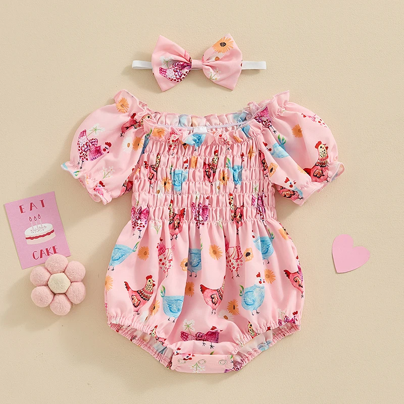 

Infant Baby Girl Farm Chicken Clothes Bubble Romper Short Sleeve Bodysuit Pleated Smocked Summer Outfit