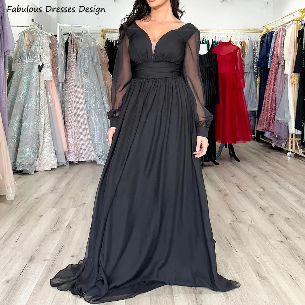 

Black Chiffon Long A-line Bridesmaid Dresses Sheer Long Sleeve Sweetheart Neck Wedding Guest Dress Women Pron Party Gown