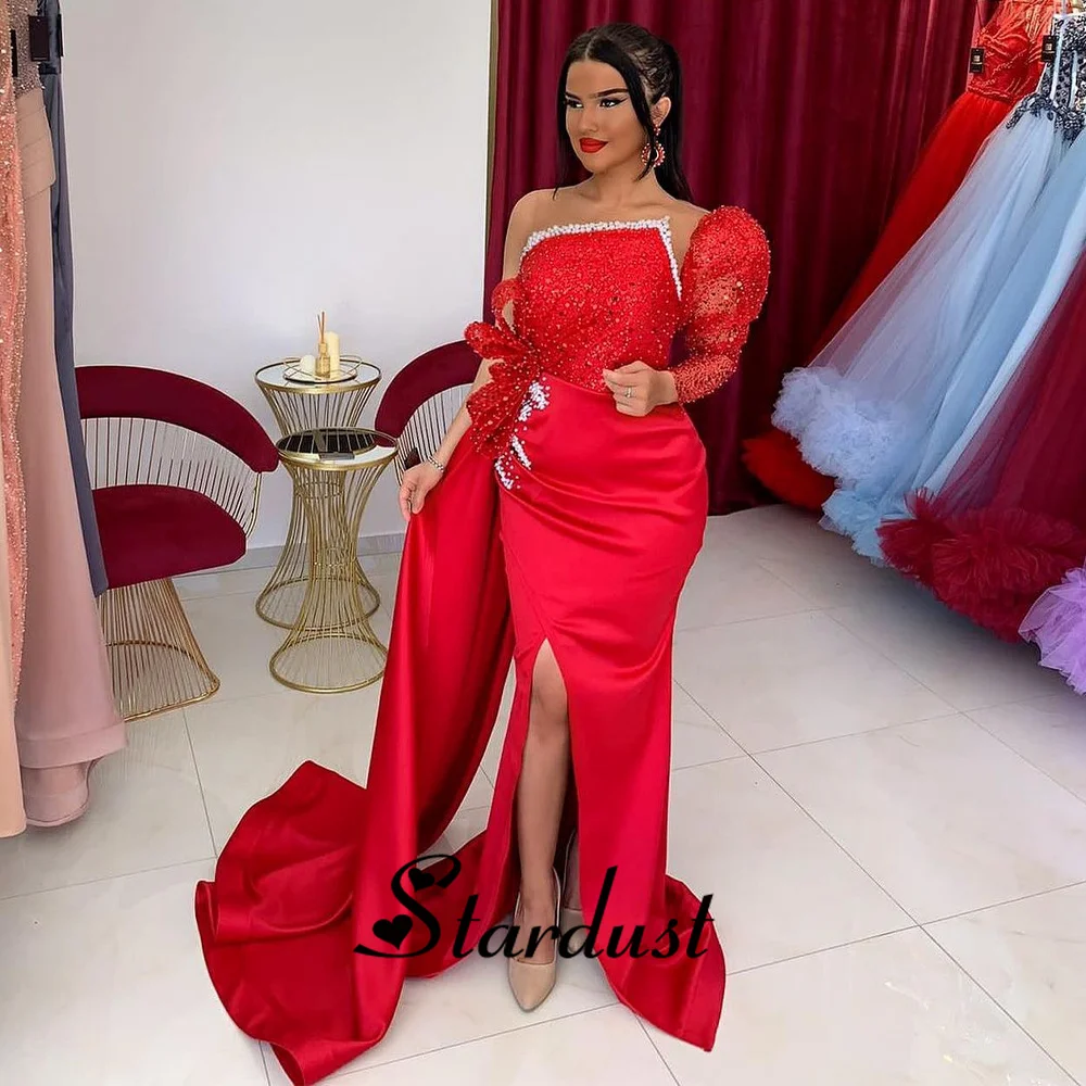 

Stardust Gorgeous Mermaid Prom Dresses One Shoulder Puff Sleeves Ruffles Pearls Side Slit Vestidos de Graduación Saudi Arabric