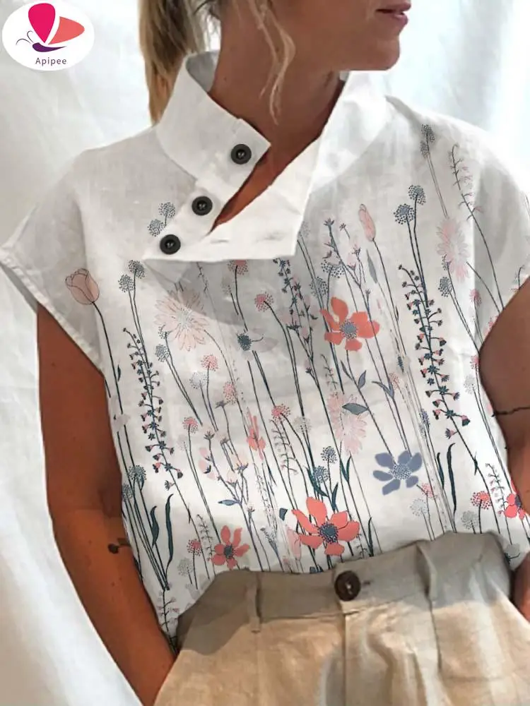 

APIPEE Leisure Summer Blouse Women Tops Vintage Floral Print Short Sleeve White Blouses Casual Buttons Slit Stand Neck Blusas