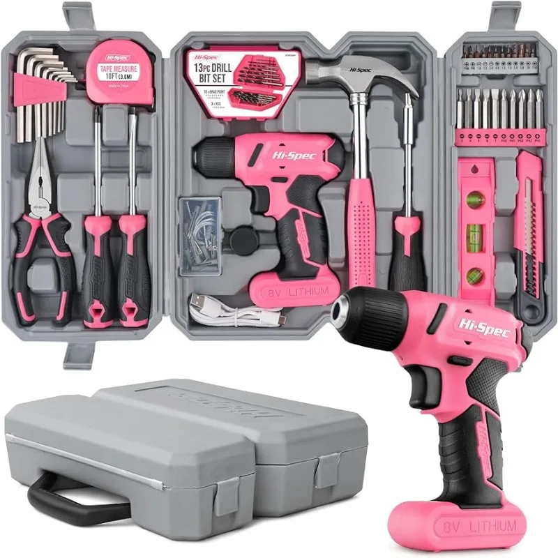 

Hi-Spec 58pc 8V USB Electric Drill Driver & Household Tool Kit Set w/ Variable Speed DIY Cordless Power Screwdriver, Pink or Red