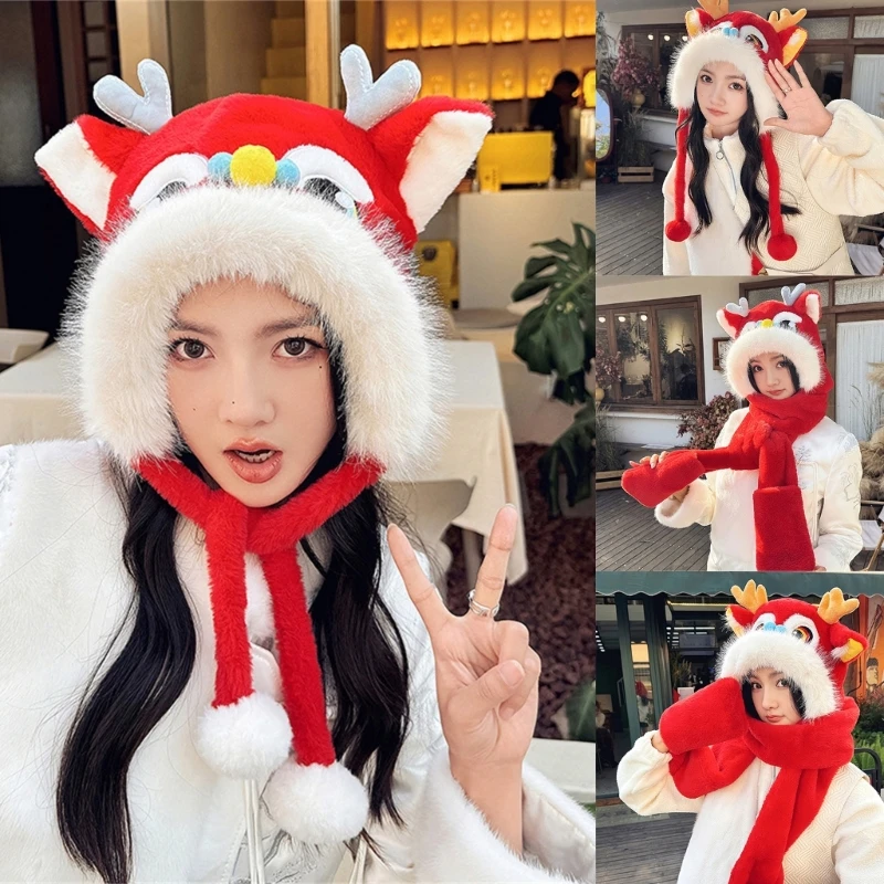 

Ear Flap Hat for Girl Funny Dragon Lion Dance Plush Hat Cold Weather Beanie Hat Outdoor Activity Ear Protective Headgear