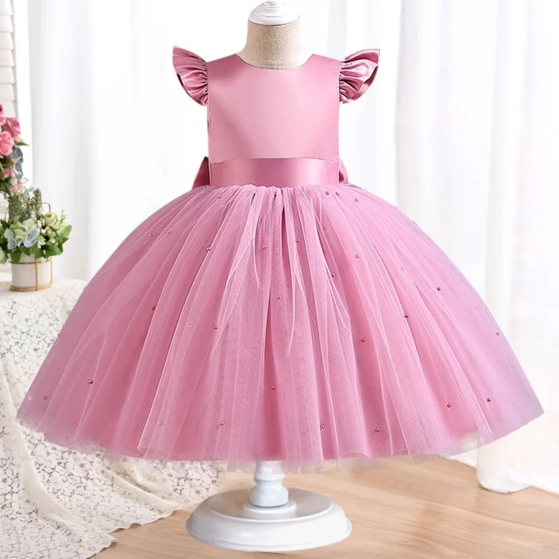 

2023 New Flower Girl Princess Wedding Small Flying Sleeve Bride Bow Party Dress Baby Girl Graduation Ball Performance Party Dres