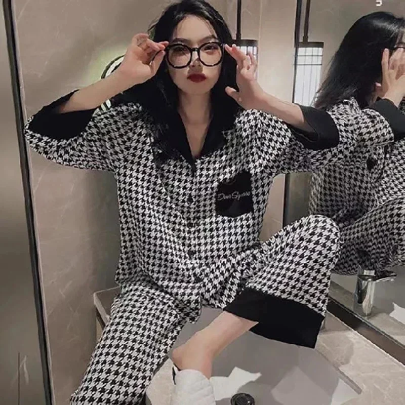 

Pajama Sets Autumn Sleepwear Lady Long Sleeve Tops Pants 2 Piece Pyjamas Solid Korean Fashion Lingeries Sets for Women Nightwear