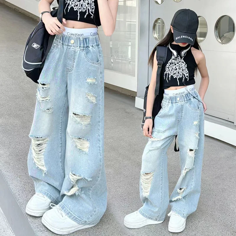 

summer teenage girsl hole jeans Fashion distressed denim wide leg pants pantalon fille 13 ans child pants With Big Hole Ripped