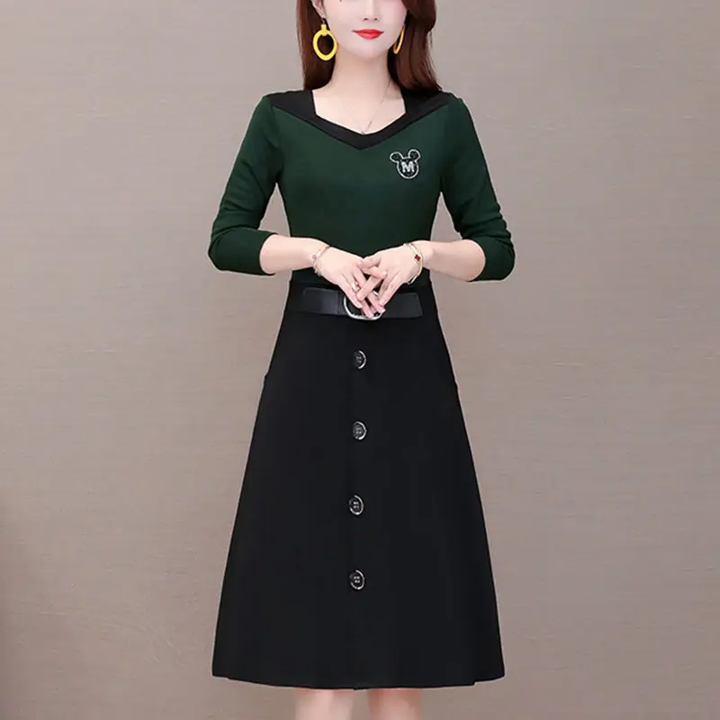 

Fashion Button Spliced Diamonds Fake Two Pieces Midi Dress Women's Clothing 2024 Spring New Loose Commuter Ladies Dresses