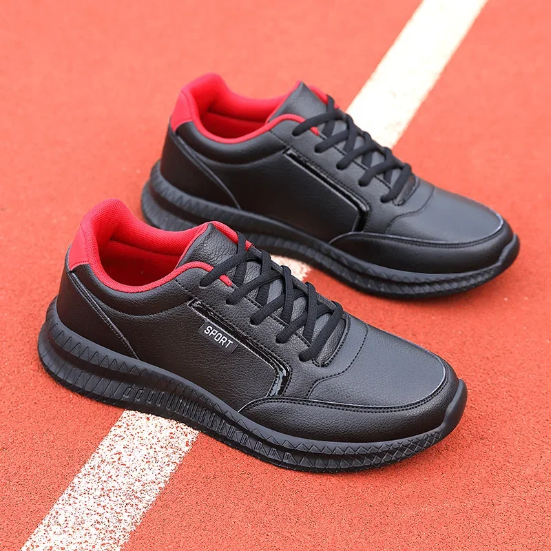 

Black PU Leather Running Shoes for Men 2024 Fashion Waterproof Sneakers Lightweigth Non-slip Footwear Wide Foot Athletic Shoe