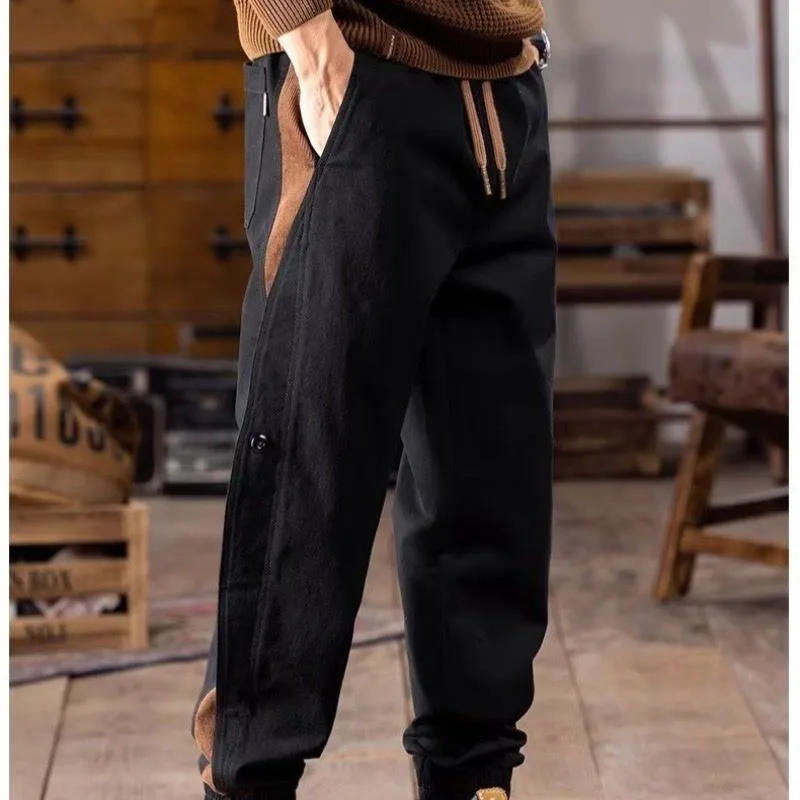 

New Autumn Fashion Fashion Brand Personalized Splicing Workwear Tie Feet Haren Loose Versatile Handsome Men's Casual Pants