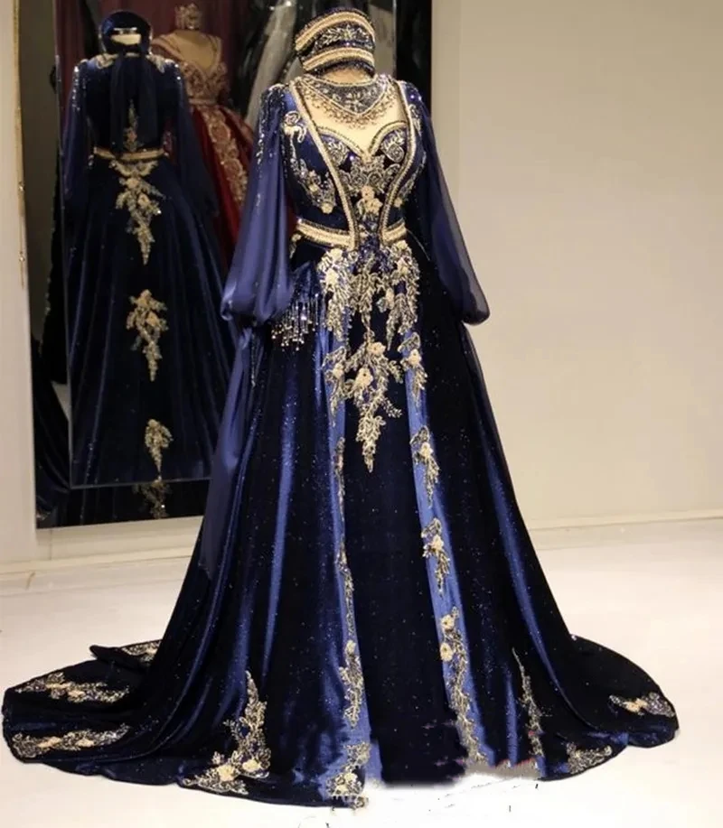

Blue Moroccan Kaftan Muslim Evening Dresses A-line Sweetheart Long Sleeves Appliques Dubai Arabic Turkey Caftan Islamic Gown