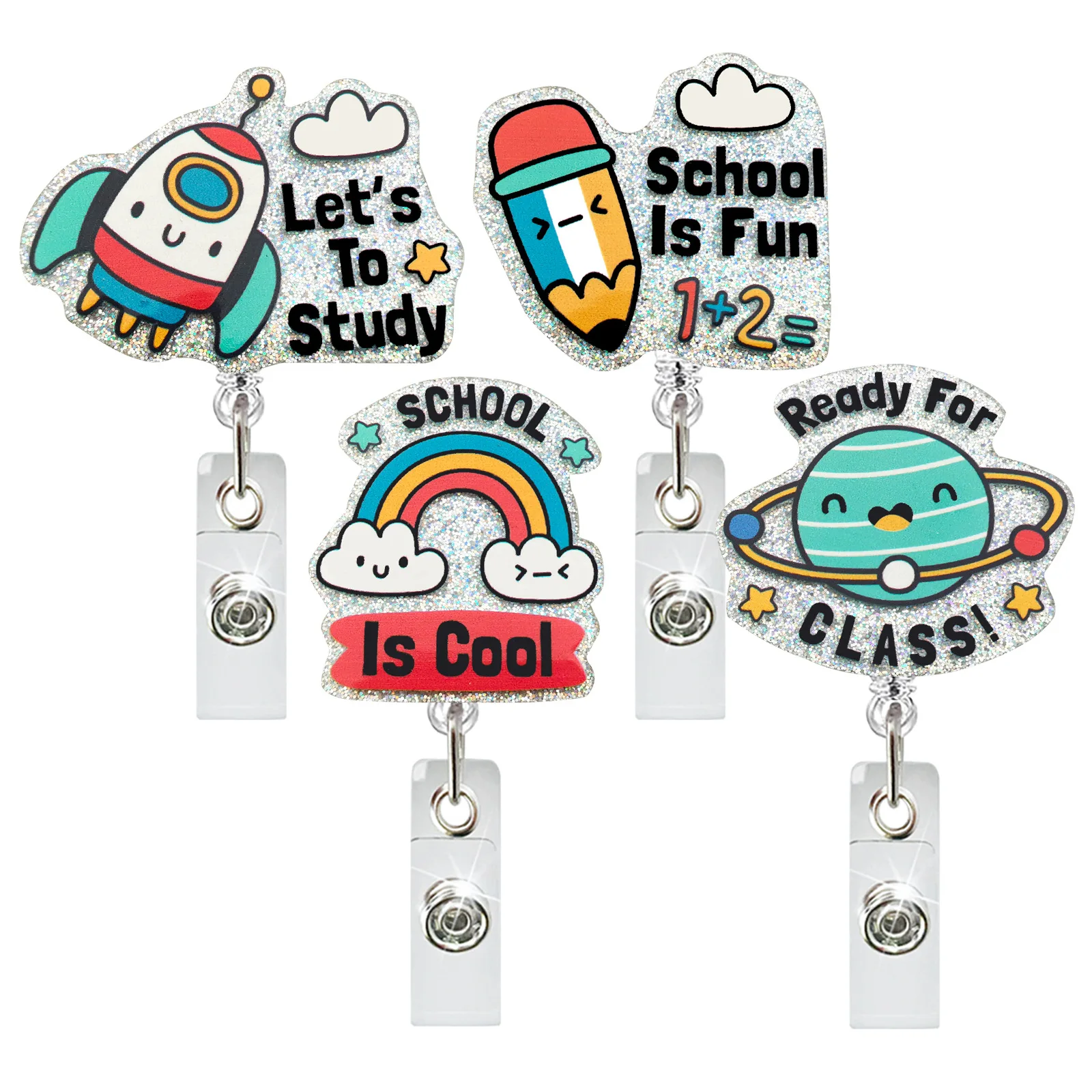 

JESJELIU Rainbow Rocket Planet Pencil Acrylic Badge Holder Teachers Students Retractable ID Badge Reel Clip Teachers' Day Gifts