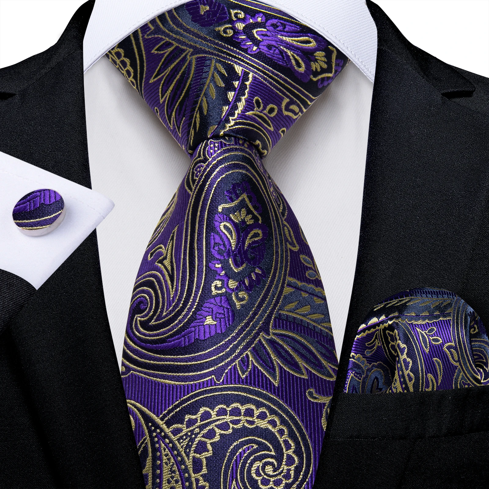 

New Arrival Luxury Purple Paisley Men's Ties Handkerchief Cufflinks Groom Wedding Party Men Suits Accessories 8cm Gift Necktie