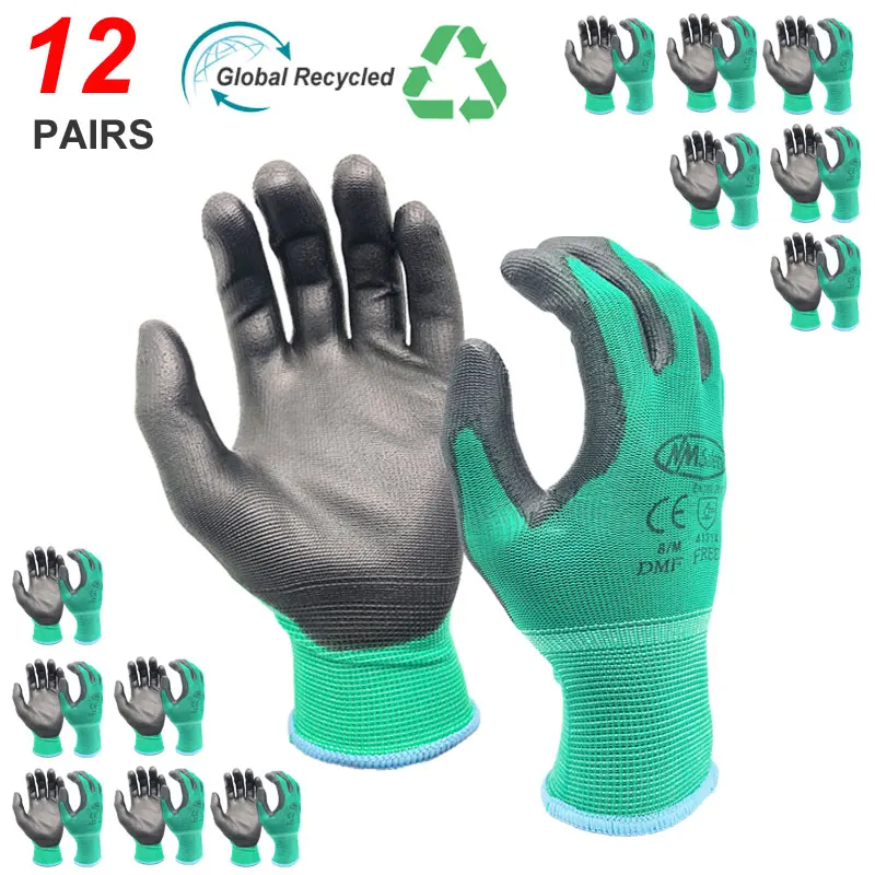 

Hot Sale 12 Pairs NMSafety CE Certificated EN388 Red Green Orange Nylon Black PU Work Safety Gloves Mechanic Working Gloves