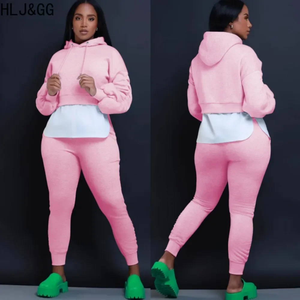

HLJ&GG Autumn Winter Casual Hooded Two Piece Sets Women Long Sleeve Loose Top And Skinny Pants Tracksuits Female 2pcs Outfits