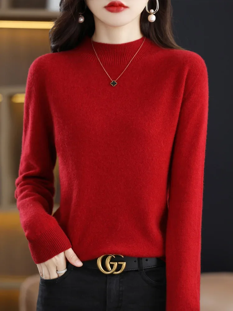 

Fashion Basic Autumn Winter Soft Long Sleeve 100% Merino Wool Sweater Solid Color Mock Neck Pullover Cashmere Clothing Tops