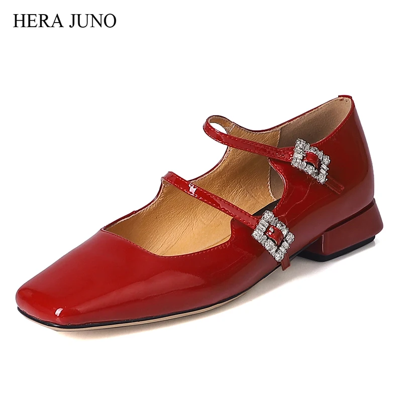 

HERA JUNO Women's Square Toe Mary Jane Patent Dress Shoes for Women Double Buckle Strap Genuine Leather Dressy Shoe Womens Party