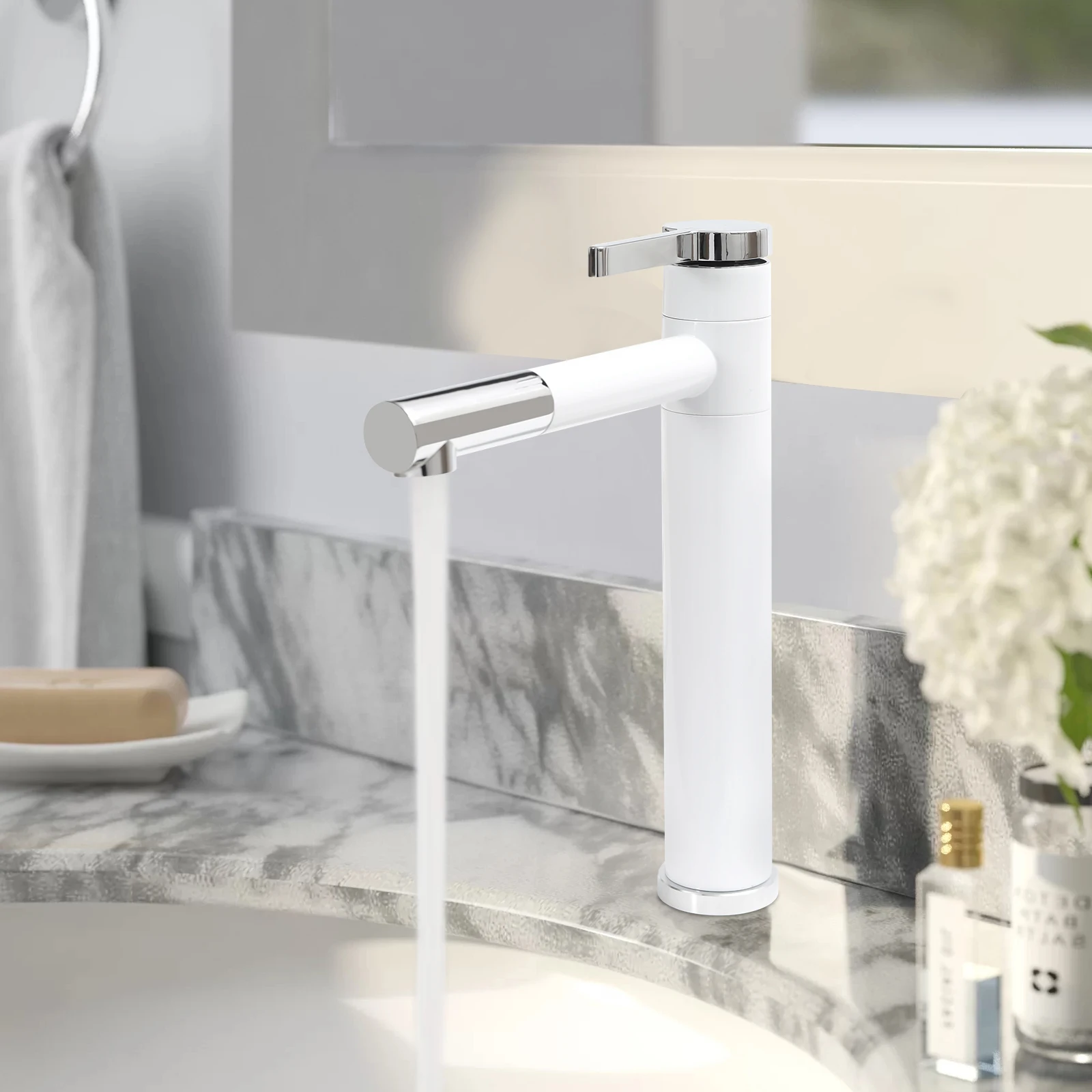 

White 360° Rotatable Tap Bathroom High Washbasin Mixer Tap Single Lever Antidrip Faucets